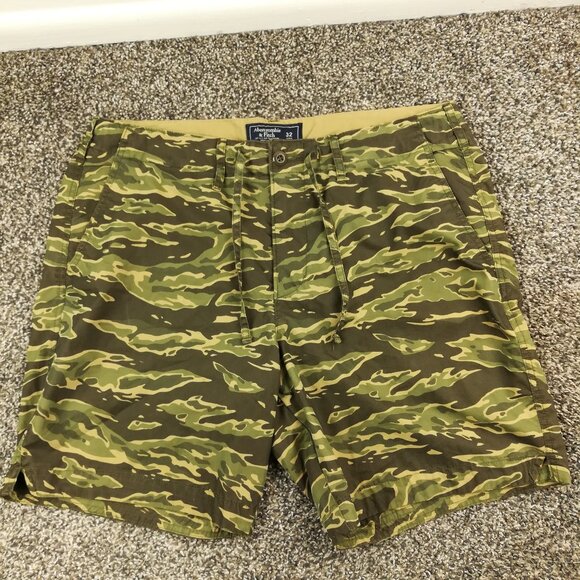 Abercrombie & Fitch Shorts 7" Nylon Cotton Camo Drawstring Green Mens 32 - Picture 1 of 7